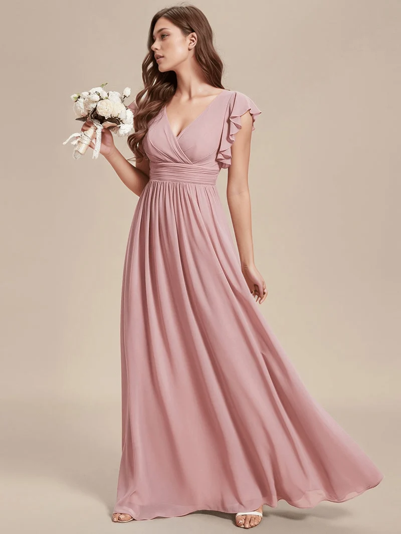 Robes demoiselle d'honneur rose poudré avec ceinture et volants