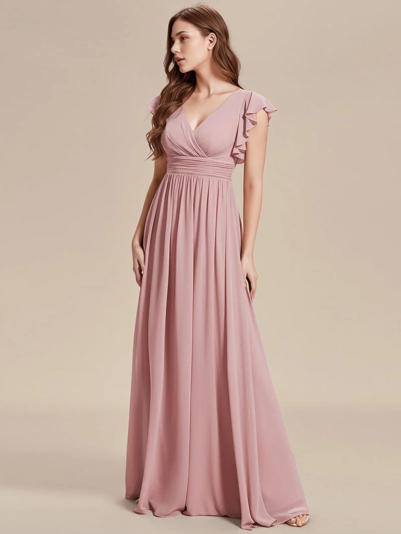 Robes demoiselle d'honneur rose poudré avec ceinture et volants