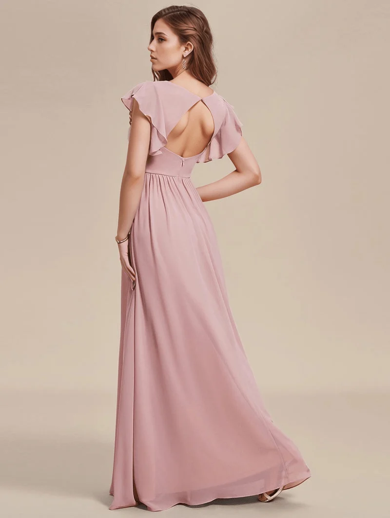 Robes demoiselle d'honneur rose poudré avec ceinture et volants