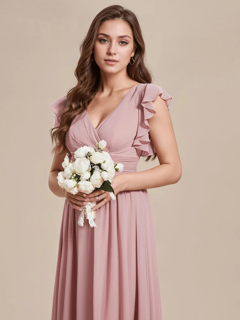 Robes demoiselle d'honneur rose poudré avec ceinture et volants