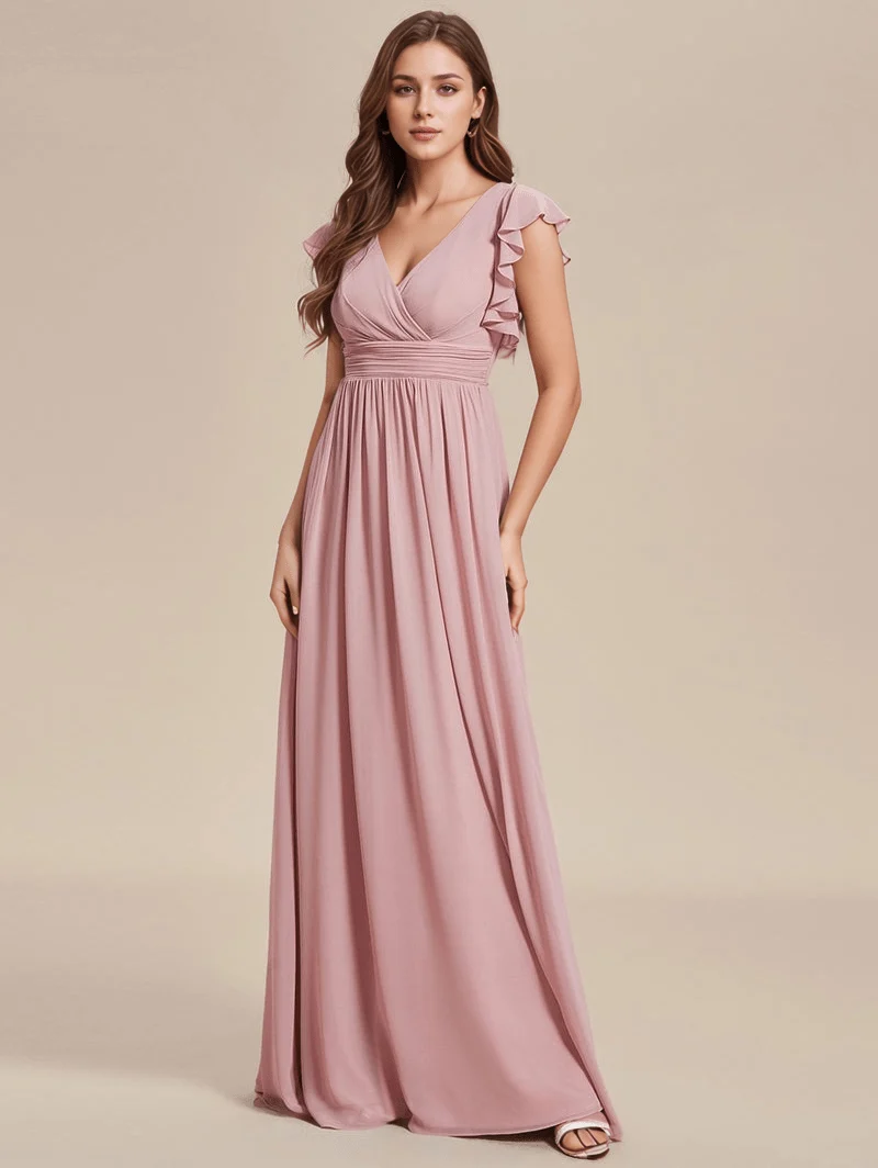 Robes demoiselle d'honneur rose poudré avec ceinture et volants