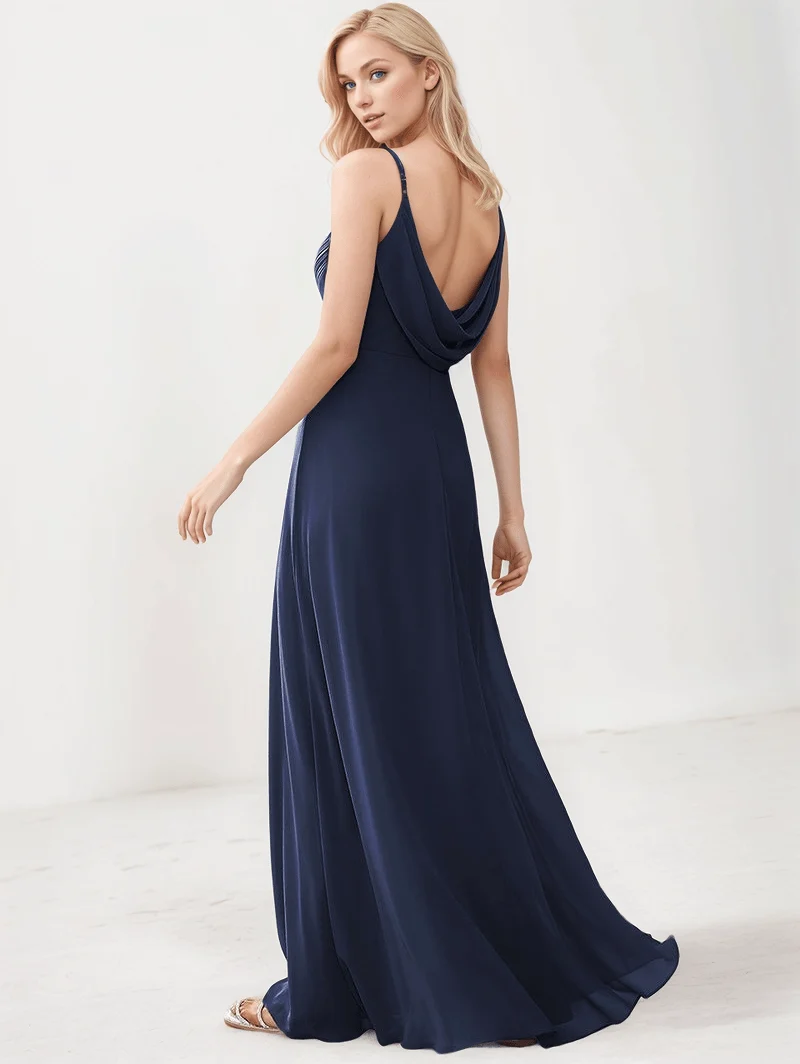Robe de soirée mariage bleue marine longue fluide