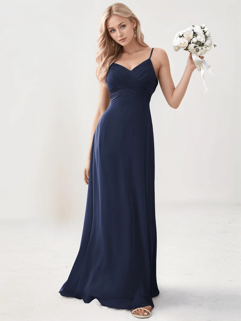 Robe de soirée mariage bleue marine longue fluide