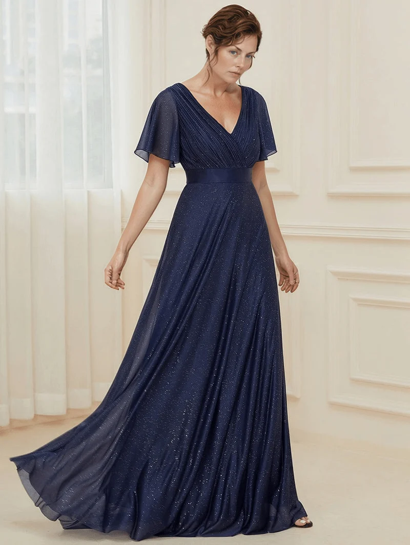Robe de soirée bleue manches à volants scintillante