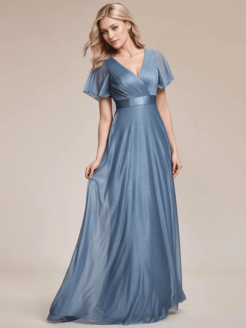 Robe de soirée bleue longue à volants et décolleté plongeant