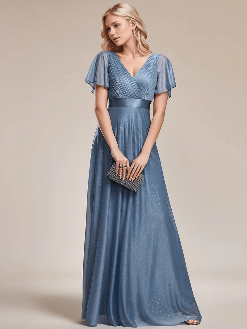Robe de soirée bleue longue à volants et décolleté plongeant