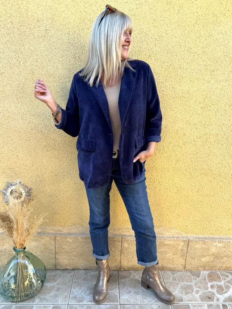 Veste tailleur en velours Sandra + bleu marine