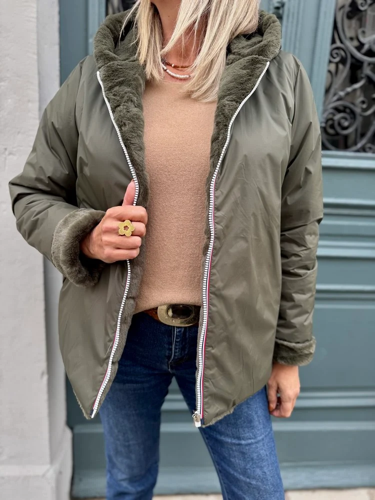 Veste courte fourrée Laura réversible kaki