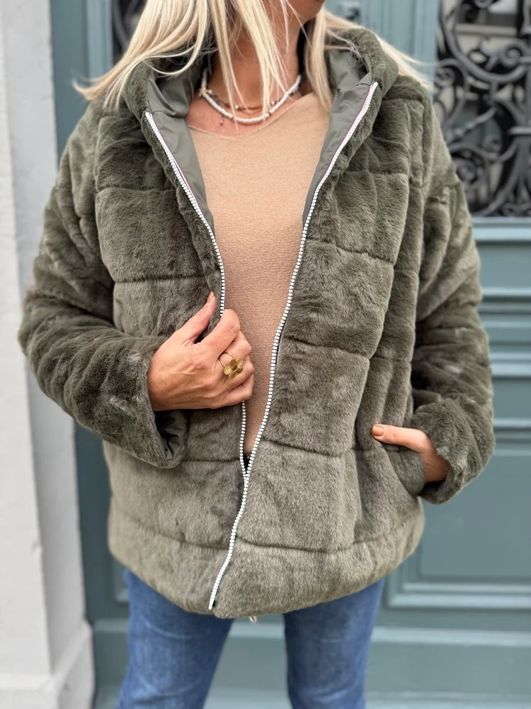 Veste courte fourrée Laura réversible kaki