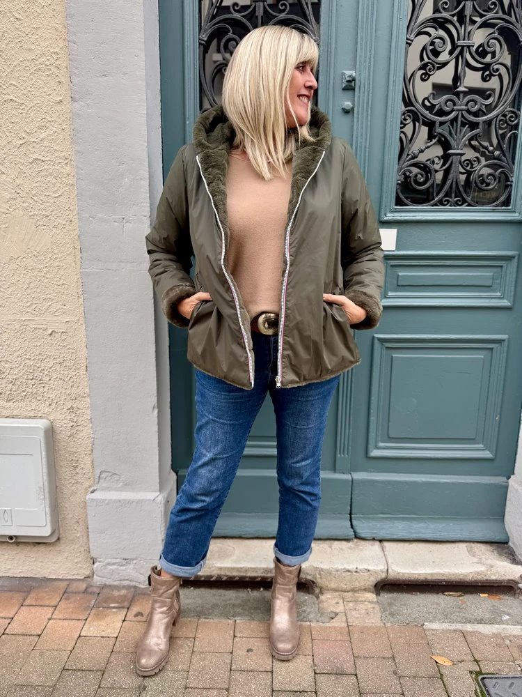 Veste courte fourrée Laura réversible kaki