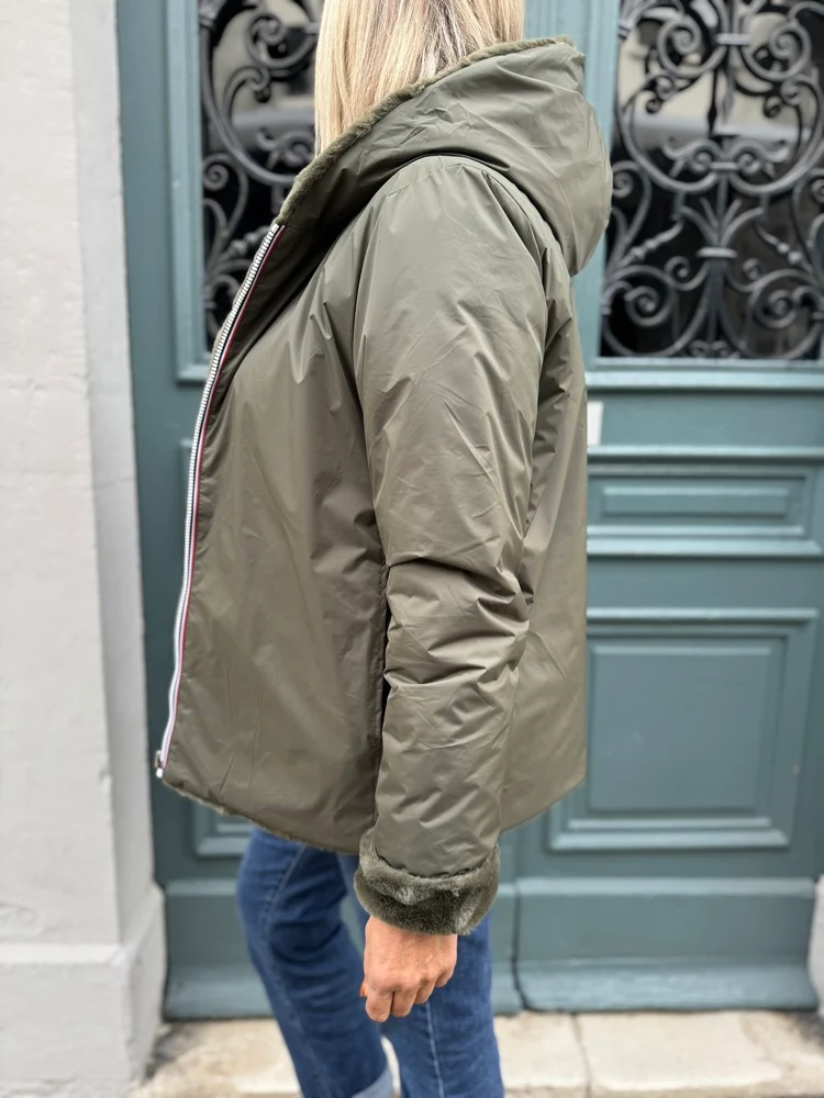 Veste courte fourrée Laura réversible kaki