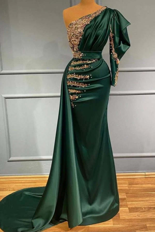 Robe de bal sirène élégante vert foncé à une épaule avec ornements dorés