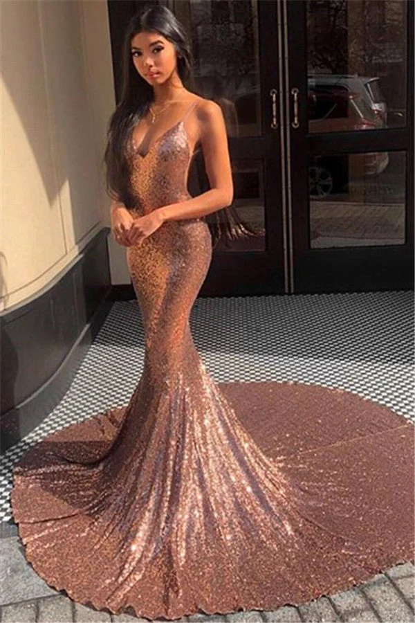 Robe de bal sirène à paillettes or rose scintillantes et bretelles spaghetti