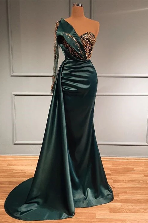 Robe de soirée sirène vert foncé à perles et appliques en dentelle