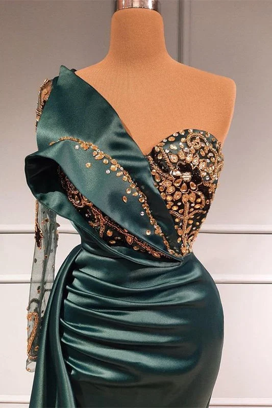 Robe de soirée sirène vert foncé à perles et appliques en dentelle