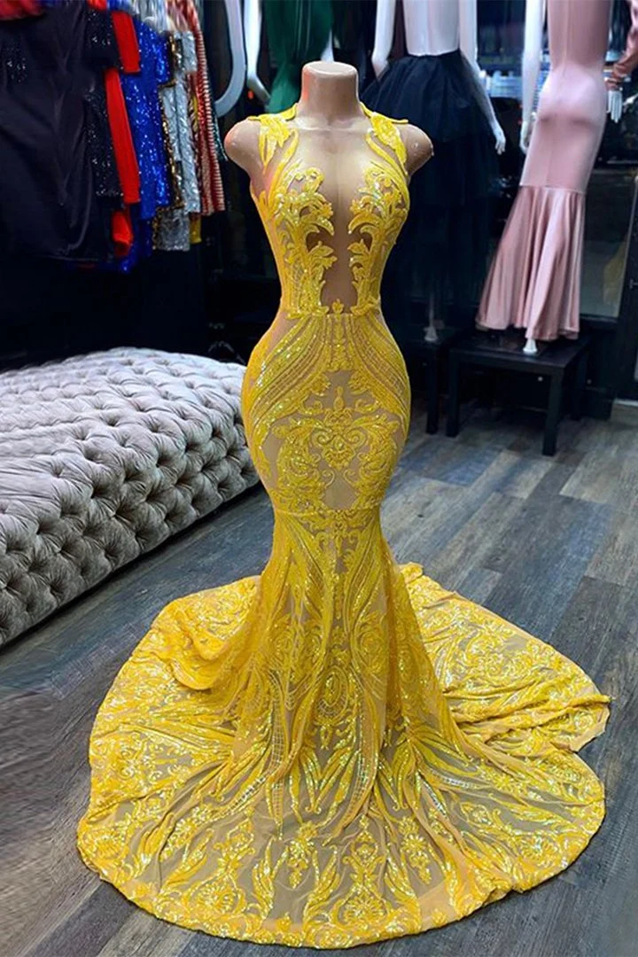 Robe sirène jaune éclatante à paillettes : élégante robe de bal sans manches pour femme