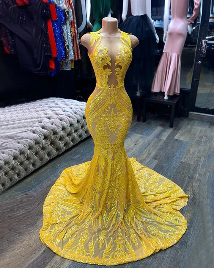 Robe sirène jaune éclatante à paillettes : élégante robe de bal sans manches pour femme