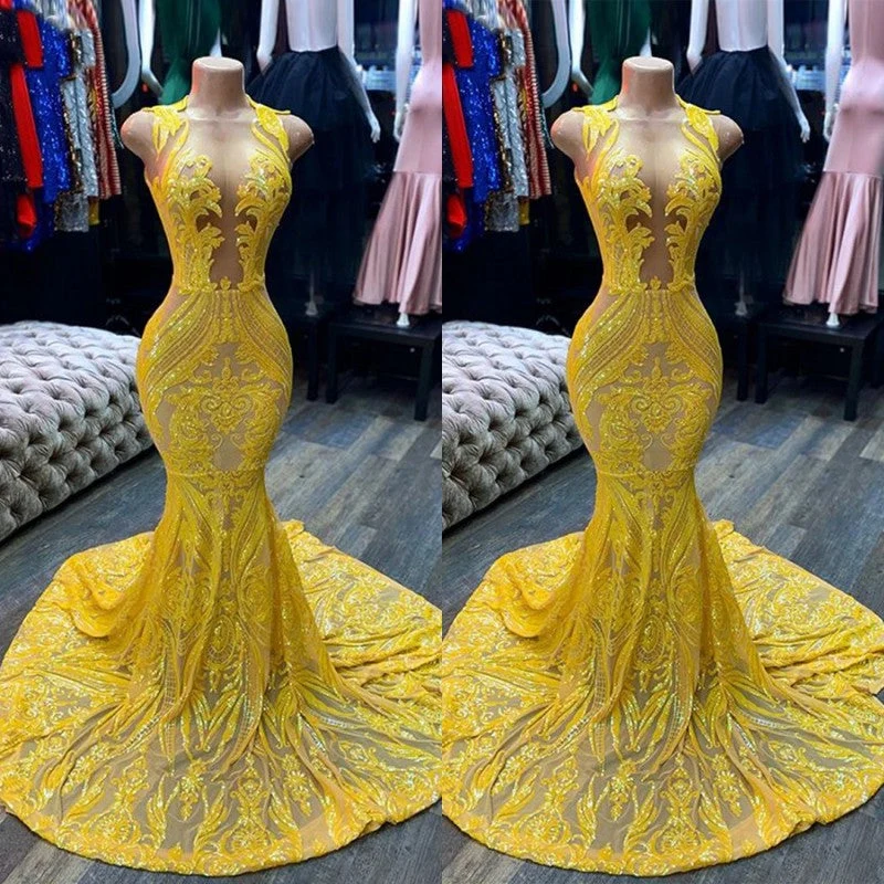 Robe sirène jaune éclatante à paillettes : élégante robe de bal sans manches pour femme