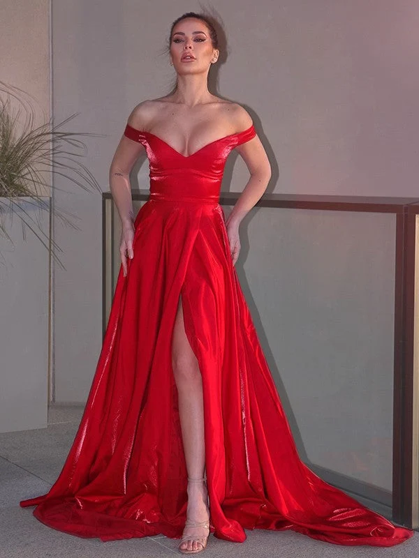 Robe de soirée longue rouge élégante à épaules dénudées et fente haute pour bal de promo