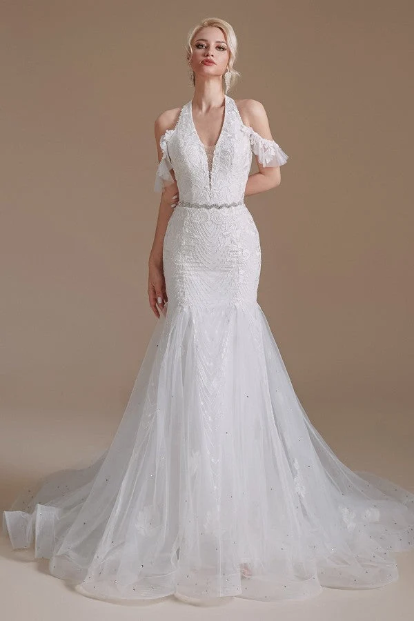 Robe de mariée sirène élégante en tulle avec appliques en dentelle et longueur au sol