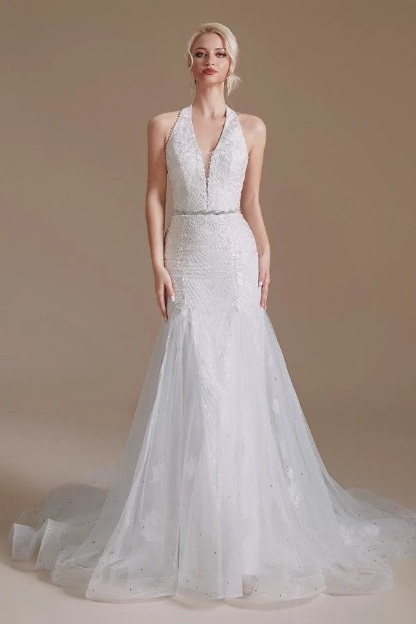 Robe de mariée sirène élégante en tulle avec appliques en dentelle et longueur au sol