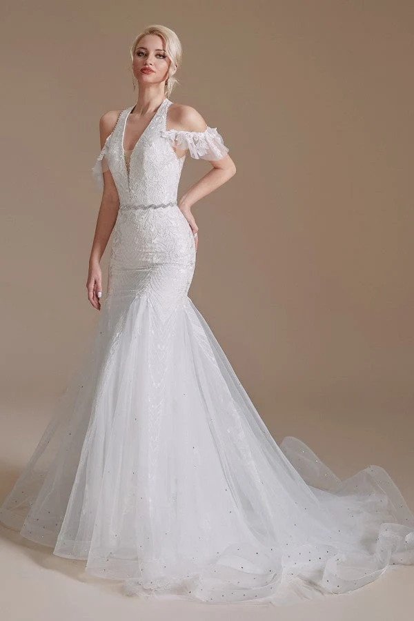 Robe de mariée sirène élégante en tulle avec appliques en dentelle et longueur au sol