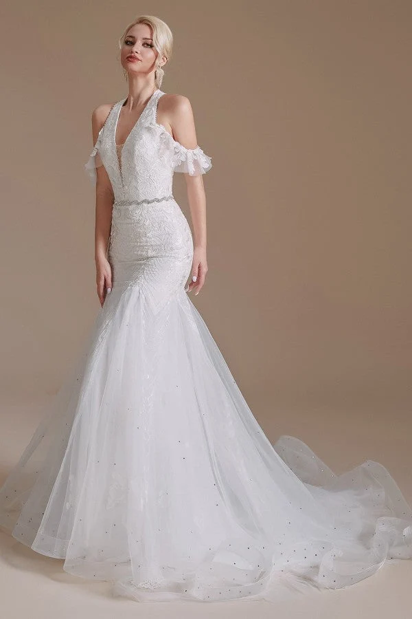 Robe de mariée sirène élégante en tulle avec appliques en dentelle et longueur au sol