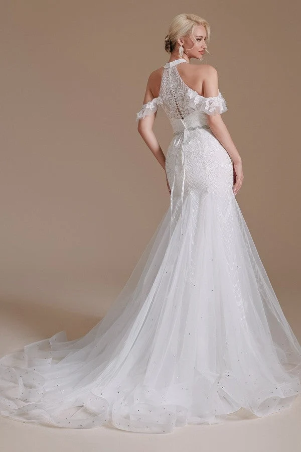Robe de mariée sirène élégante en tulle avec appliques en dentelle et longueur au sol