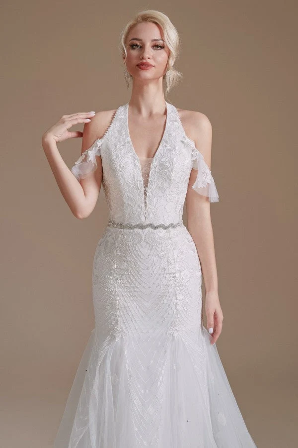 Robe de mariée sirène élégante en tulle avec appliques en dentelle et longueur au sol