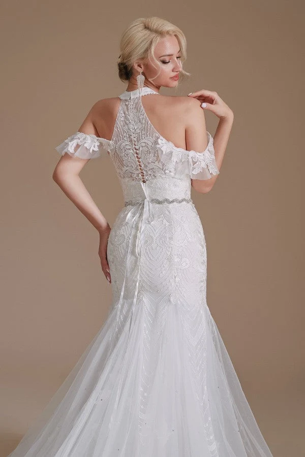 Robe de mariée sirène élégante en tulle avec appliques en dentelle et longueur au sol