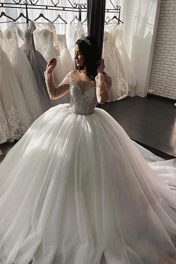 Robe de mariée à manches longues et cristaux scintillants, avec des perles décoratives