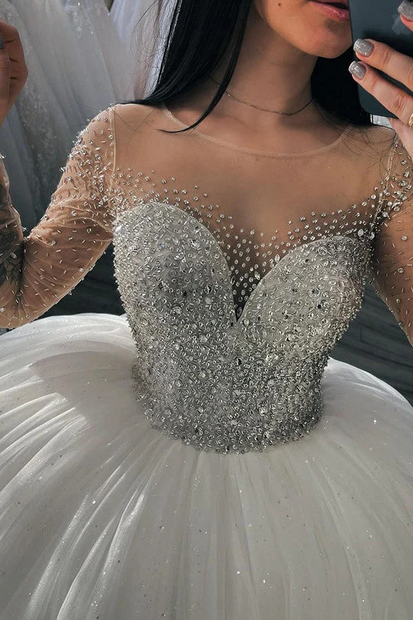 Robe de mariée à manches longues et cristaux scintillants, avec des perles décoratives