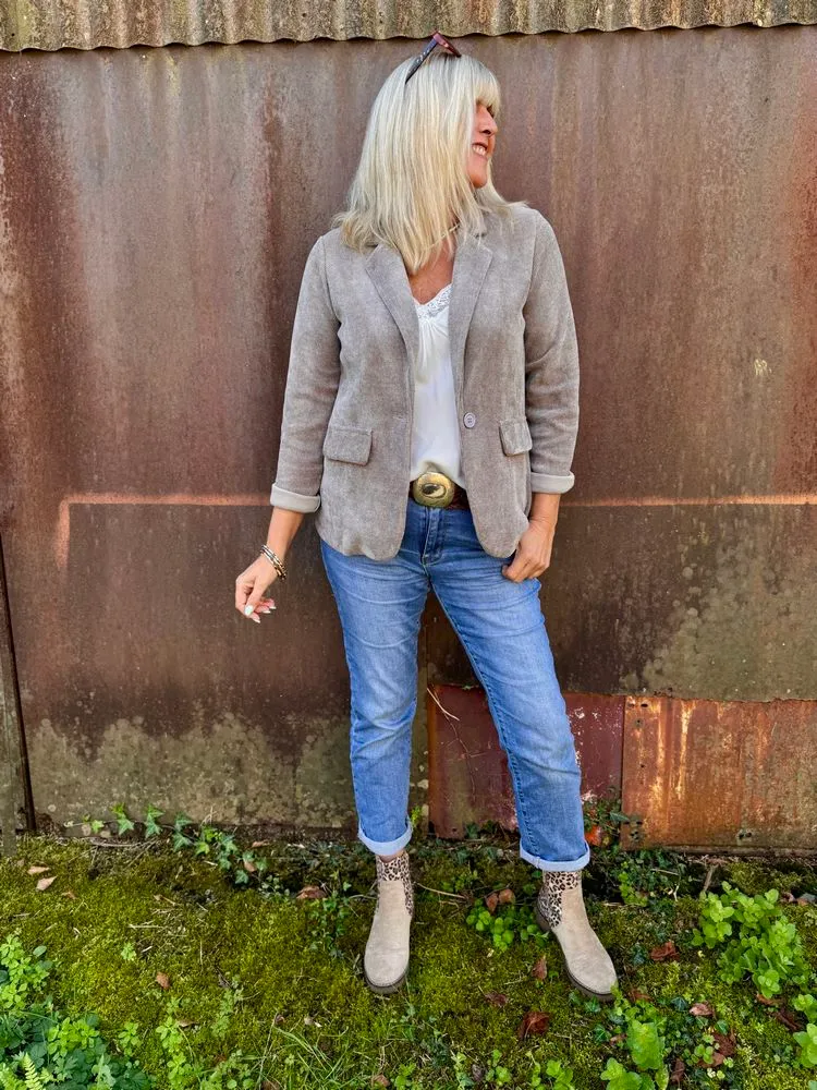 Veste tailleur en velours Sandra gris taupe