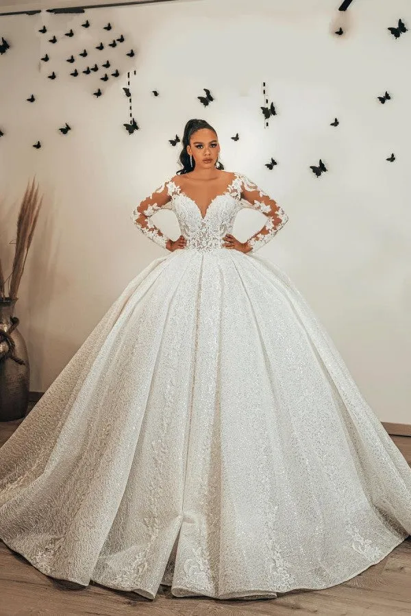 Robe de mariée élégante, décolleté en cœur, volants, appliques en dentelle, manches longues à paillettes
