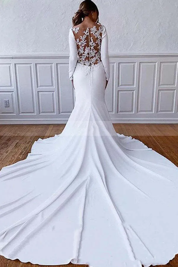 Robe de mariée fourreau à manches longues avec dos en dentelle illusion et appliques