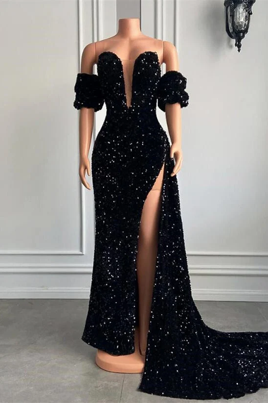 Robe de bal sirène élégante sans bretelles avec manches bouffantes et fente haute