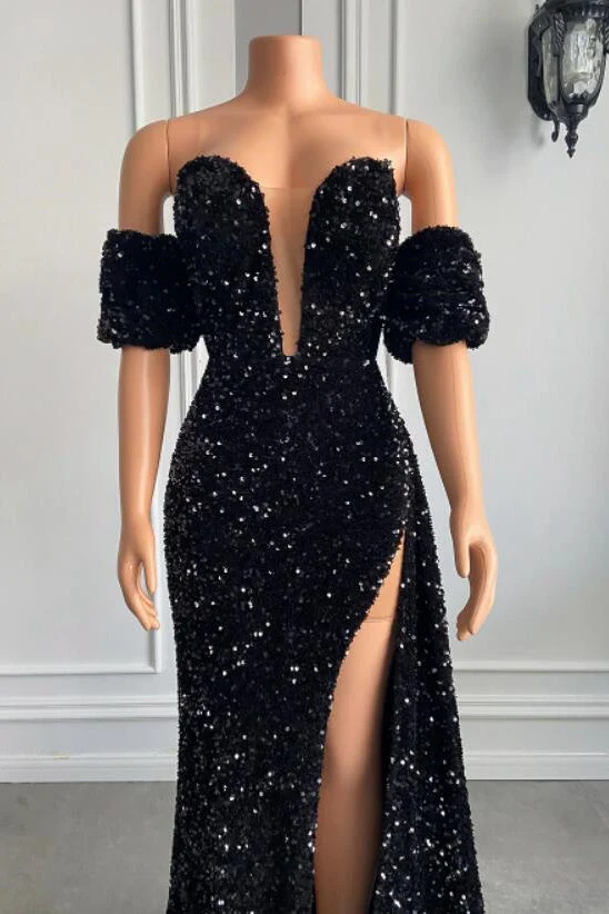 Robe de bal sirène élégante sans bretelles avec manches bouffantes et fente haute