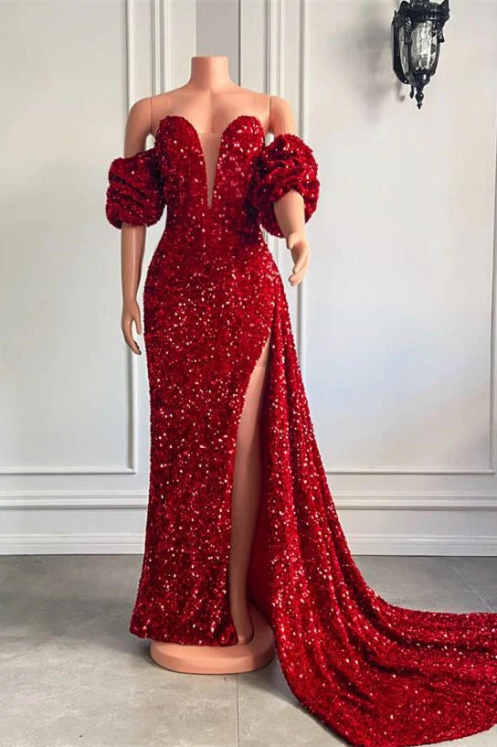 Robe de bal sirène élégante sans bretelles avec manches bouffantes et fente haute