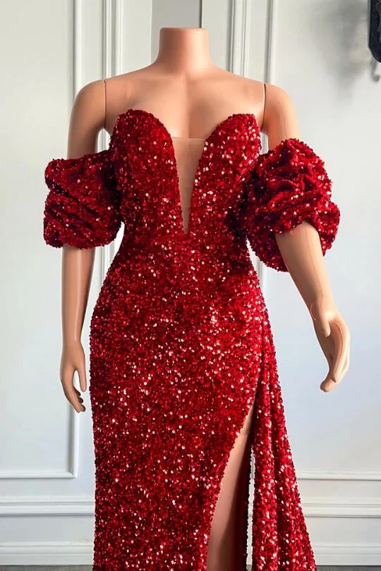 Robe de bal sirène élégante sans bretelles avec manches bouffantes et fente haute