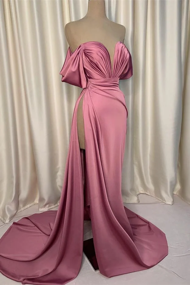 Robe de soirée élégante en charmeuse rose à col en V et fente plissée pour occasions spéciales