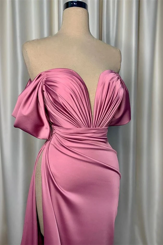 Robe de soirée élégante en charmeuse rose à col en V et fente plissée pour occasions spéciales