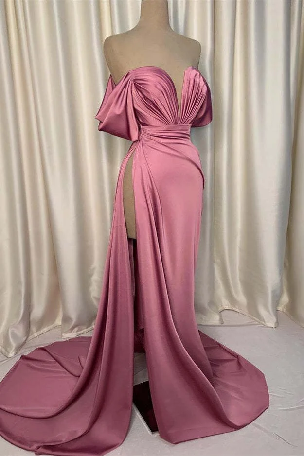 Robe de soirée élégante en charmeuse rose à col en V et fente plissée pour occasions spéciales