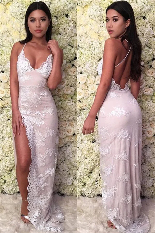 Robe de bal élégante en dentelle, décolleté en V profond, bretelles spaghetti, dos nu, avec fente jusqu'aux cuisses