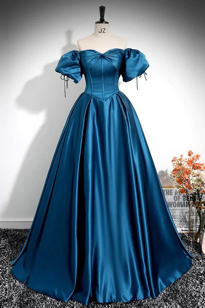Robe de bal bleu roi trapèze plissée à épaules dénudées, élégante robe longue en charmeuse
