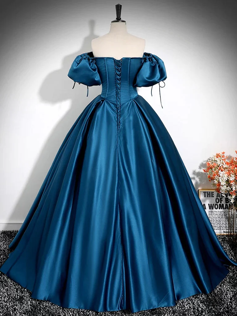 Robe de bal bleu roi trapèze plissée à épaules dénudées, élégante robe longue en charmeuse