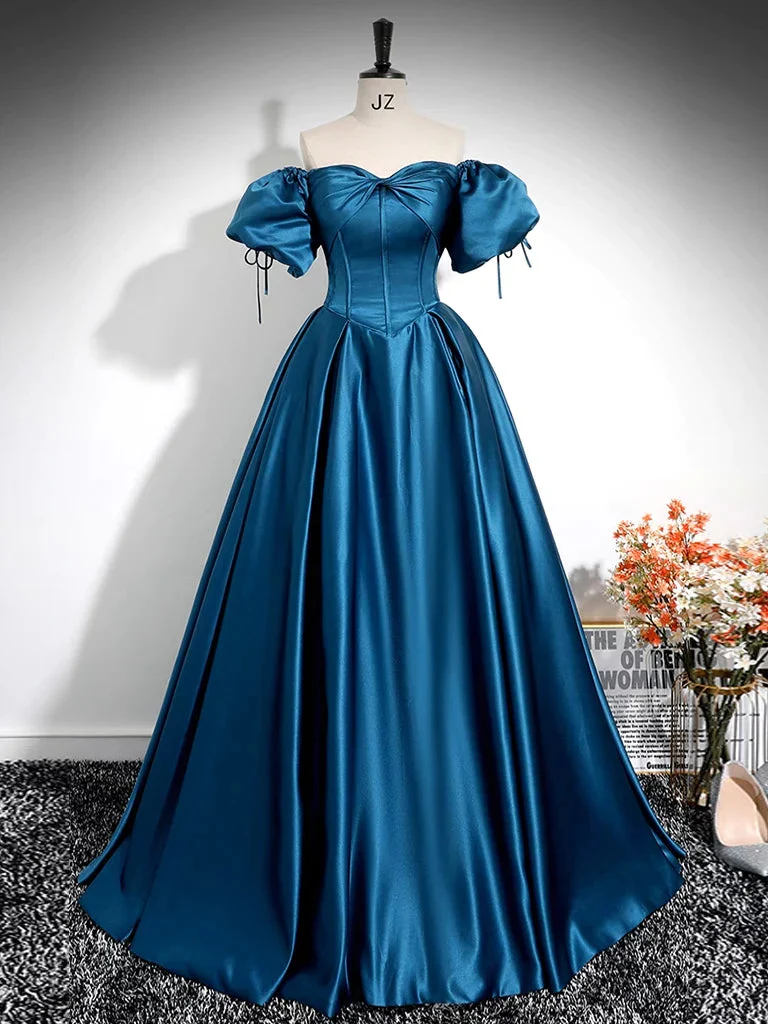 Robe de bal bleu roi trapèze plissée à épaules dénudées, élégante robe longue en charmeuse