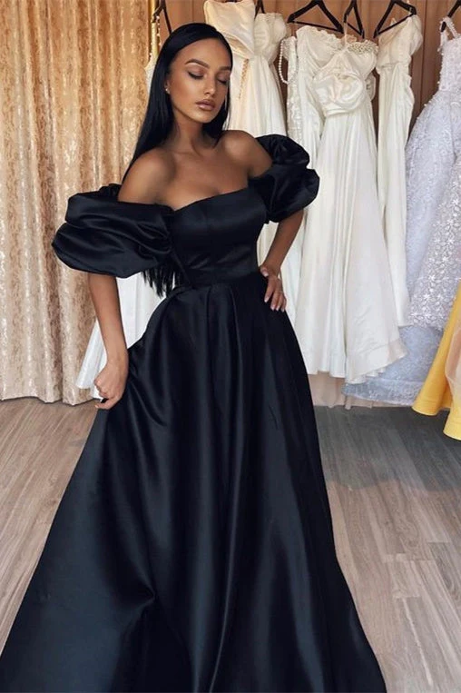 Robe de bal sirène noire élégante avec manches bouffantes et design sans bretelles
