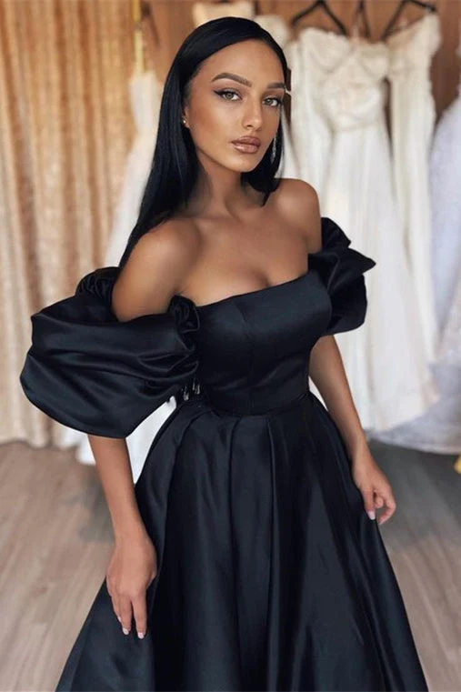 Robe de bal sirène noire élégante avec manches bouffantes et design sans bretelles