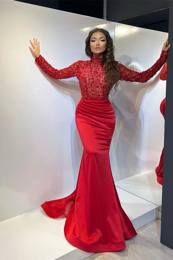 Robe de bal sirène plissée rouge élégante à manches longues et col haut
