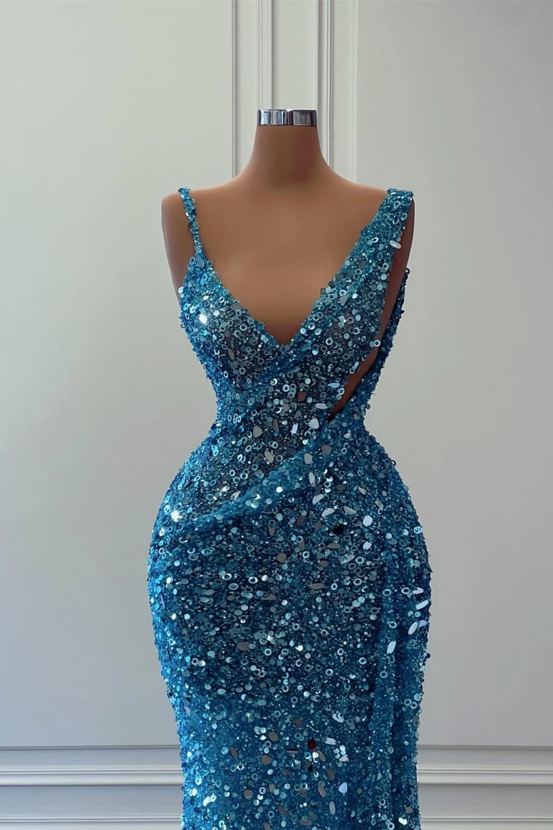 Superbe robe de bal sirène bleue sans manches à sequins – Robe de soirée longue et élégante